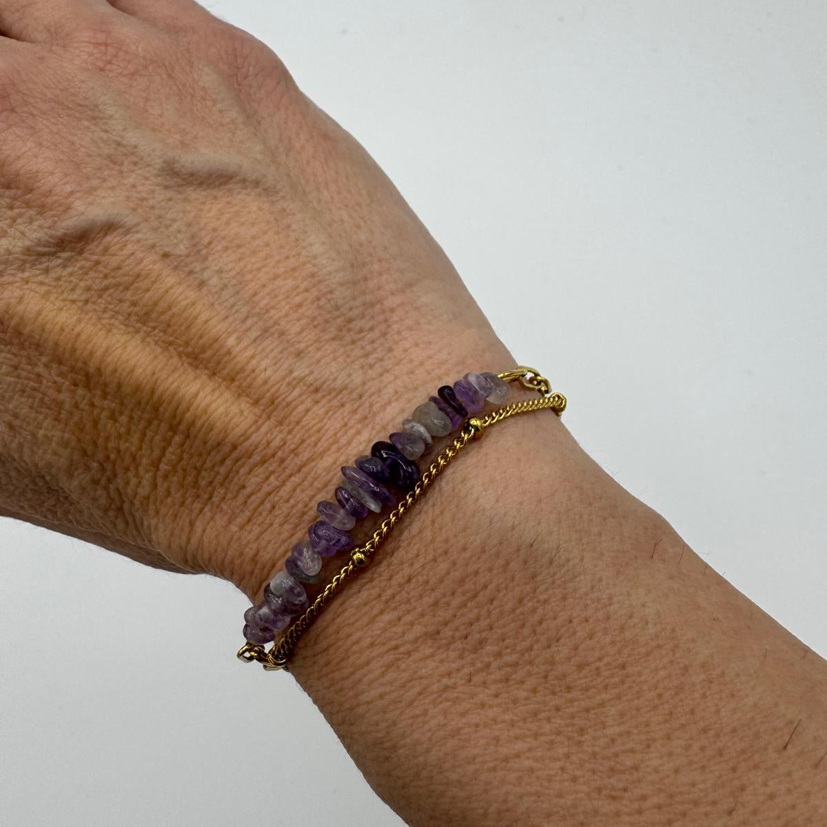 Pulseira Pedras Cascalho Ametista e Inox - Essencia Pura