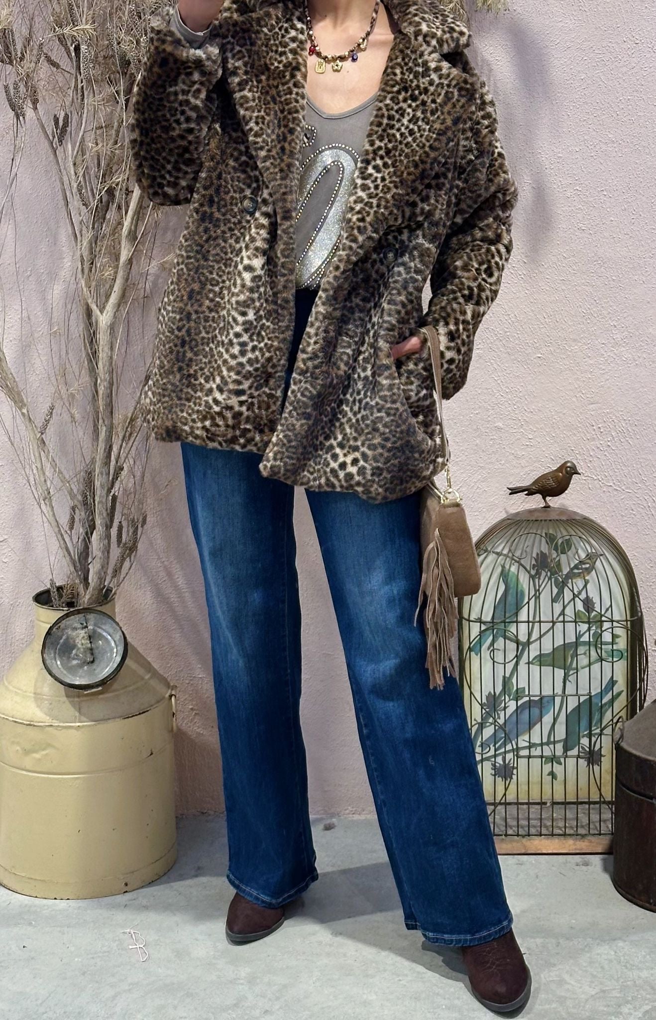 Casaco de Pelos Animal Print com Bolsos - Leopardo