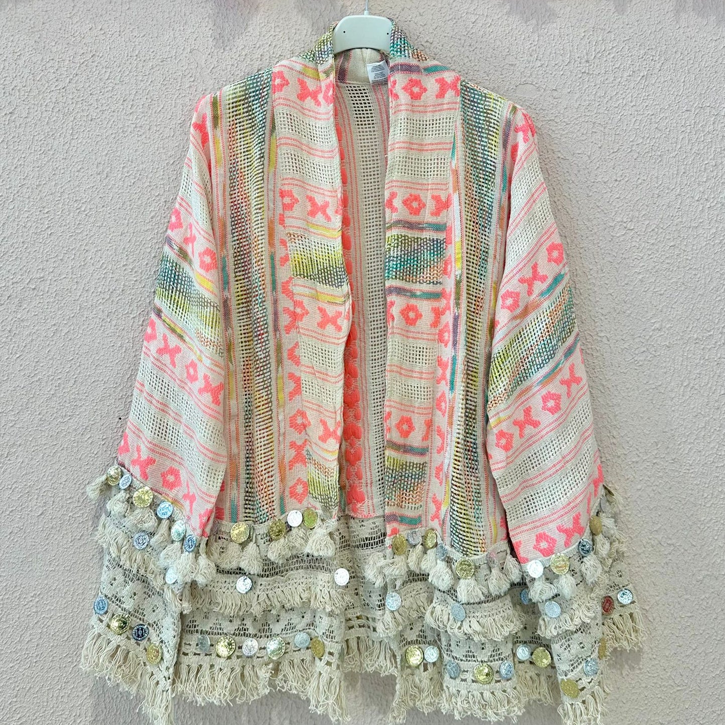 Kimono Boho colorido com franjas e lantejoulas, Bege