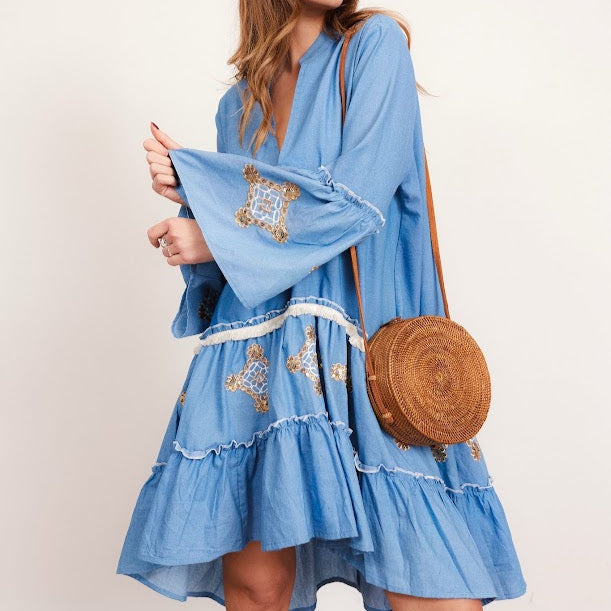 Vestido curto ganga Pencil com bordados eem lantejoulas