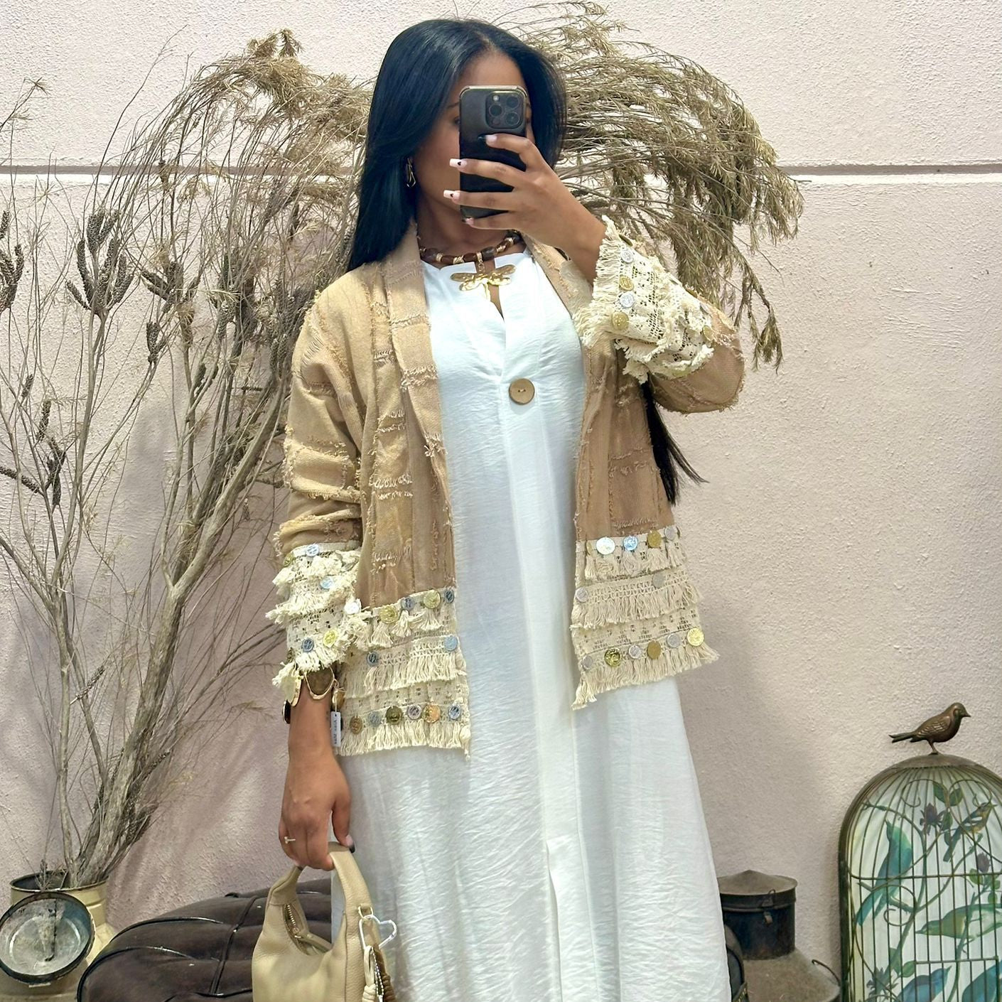 Kimono Boho de Algodão com Lantejoulas, Camel
