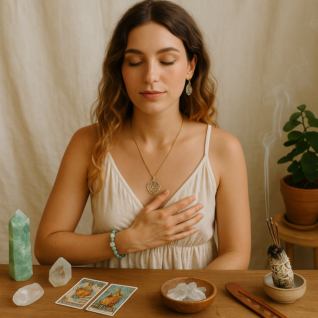 Mulher serena com acessórios espirituais em estilo boho chic, rodeada por cristais, cartas de tarot e incenso – imagem representativa de moda espiritual e terapias energéticas.