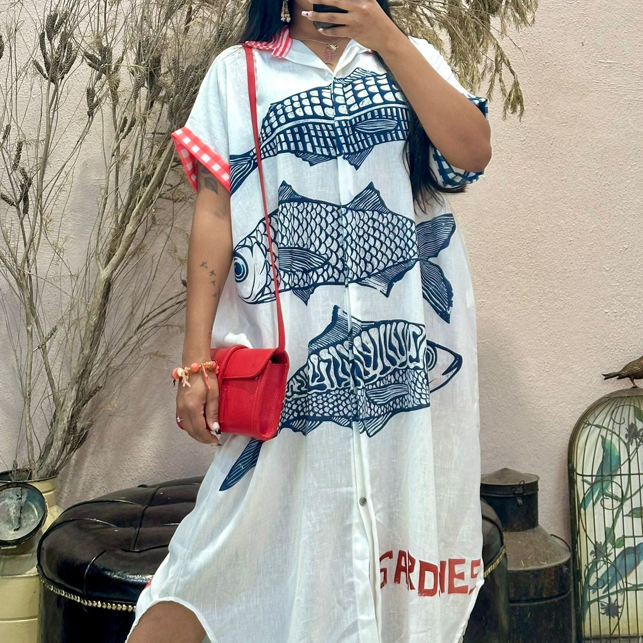 Vestido, Azul Escuro, Estampado Sardinhas