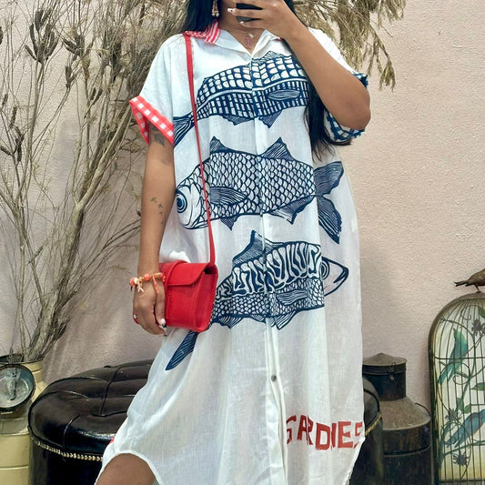Vestido, Azul Escuro, Estampado Sardinhas