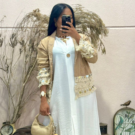 Kimono Boho de Algodão com Lantejoulas, Camel