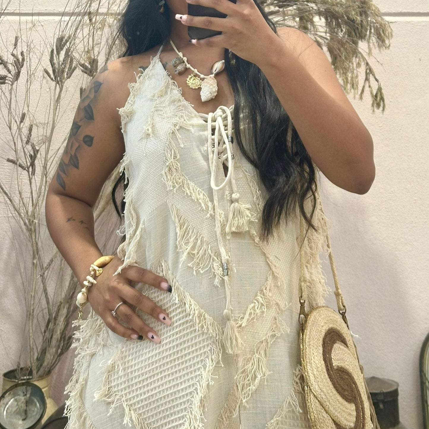 Vestido 100% em Algodão cru Aurora VARIEDADES (Bege/Bege Perola)