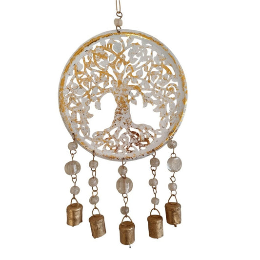 Espanta Espirito Arvore da vida com sinos e pedras transparentes, Dourado e Branco (20cm)