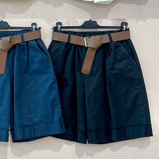 Calção de algodão com cinto e bolsos, Preto
