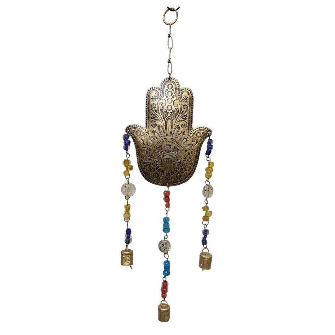 Espanta Espirito Dourado, Mão Hamsá, sinos, pedras multi-cor (20cm)