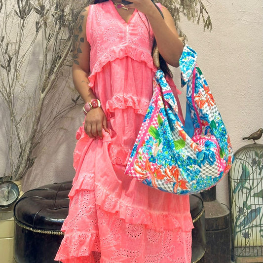 Vestido Longo Alças com Folhos e Aplicaçoes Bordado Inglês sem Forro (VARIEDADES) Rosa