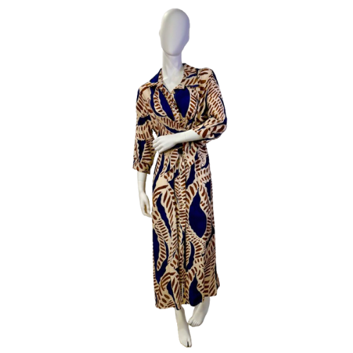Vestido Estampado Cintado Comprido (Azul e Castanho)