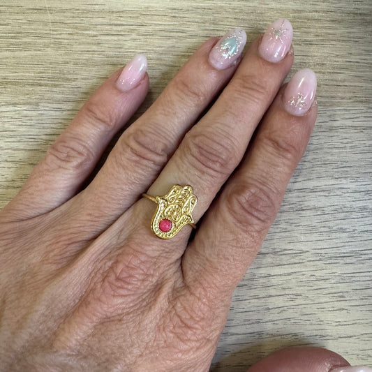Anel Inox Mão Hamsa com Pedrinha (Dourado)