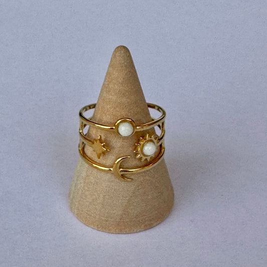 Anel Astral, Dourado, com Pedras Branco