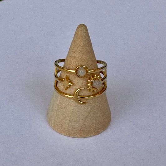 Anel Astral, Dourado, com Pedras Rosa