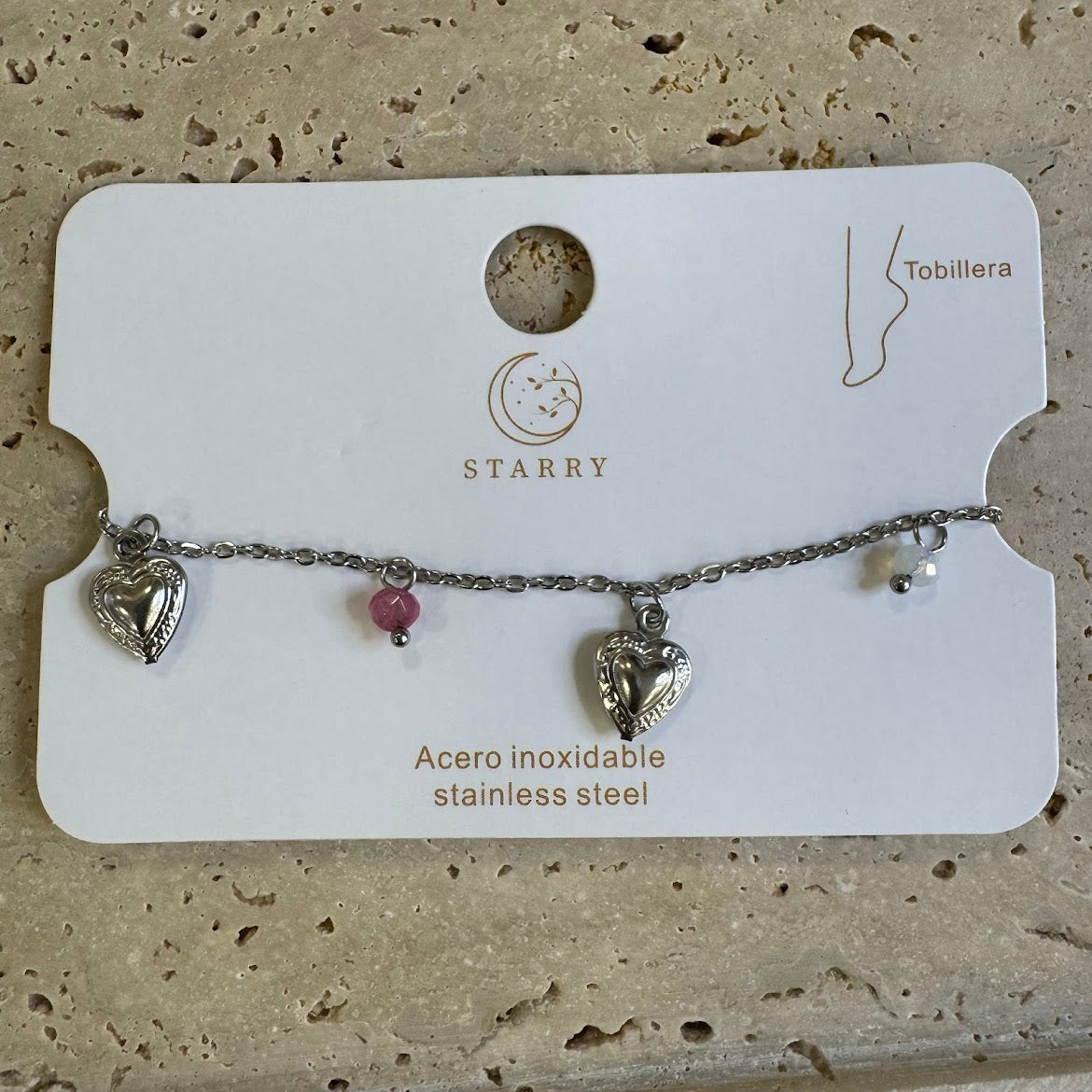 Pulseira de Pé, Pedras Coloridas e Corações VARIEDADES