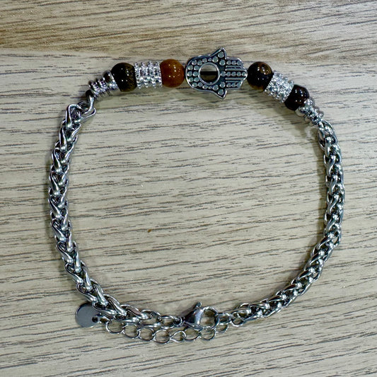 Pulseira Aço, Mão Hamsa com Miçangas