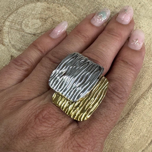 Anel Inox, Chapa Quadrada e Estampada (PRATEADA e DOURADA)