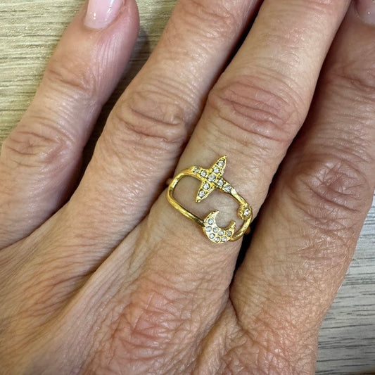 Anel Estrela e Lua com Pedrinhas (Dourado)
