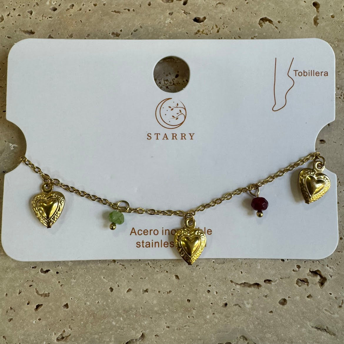 Pulseira de Pé, Pedras Coloridas e Corações VARIEDADES