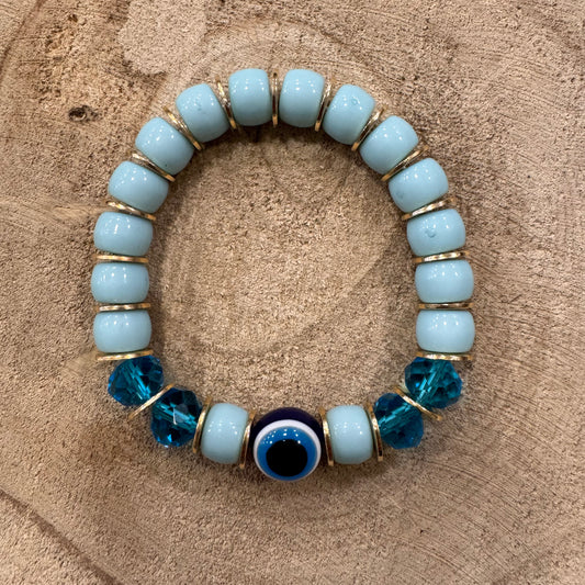 Pulseira Olho Turco Bolas Grandes e Dourado Azul Claro