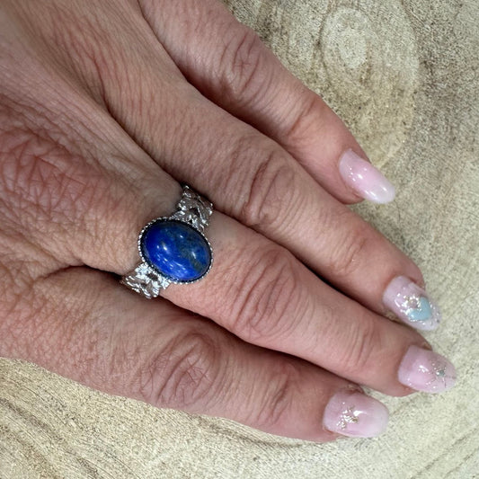 Anel Inox, Lapiz Lazuli com Pétalas PRATEADO