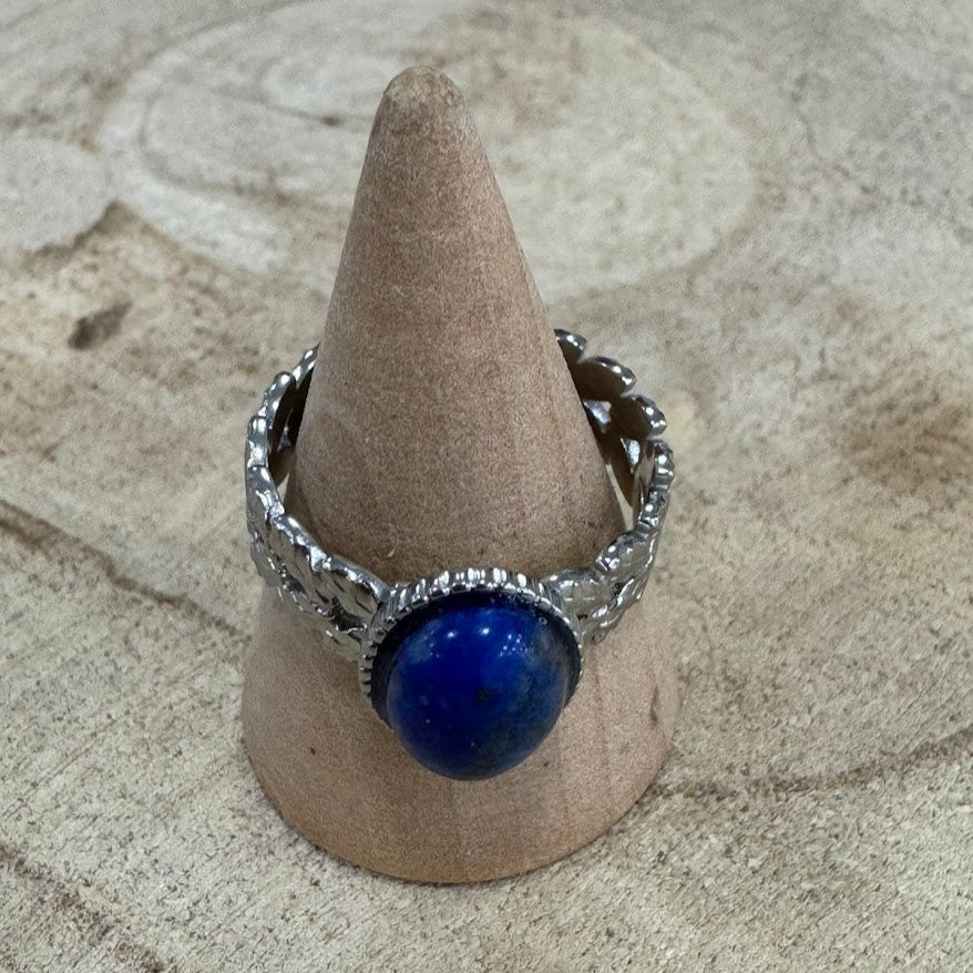 Anel Inox, Lapiz Lazuli com Pétalas PRATEADO