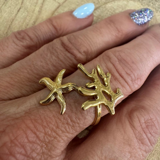 Anel Aço Inox, Alga e Estrela do Mar (VARIEDADES) Dourado