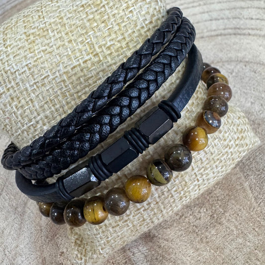 Pulseira de Homem Olho de Tigre, Tranças Pretas