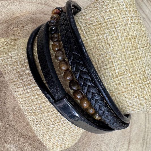 Pulseira Homem Olho de Tigre, Pele, Com Chapa Preta