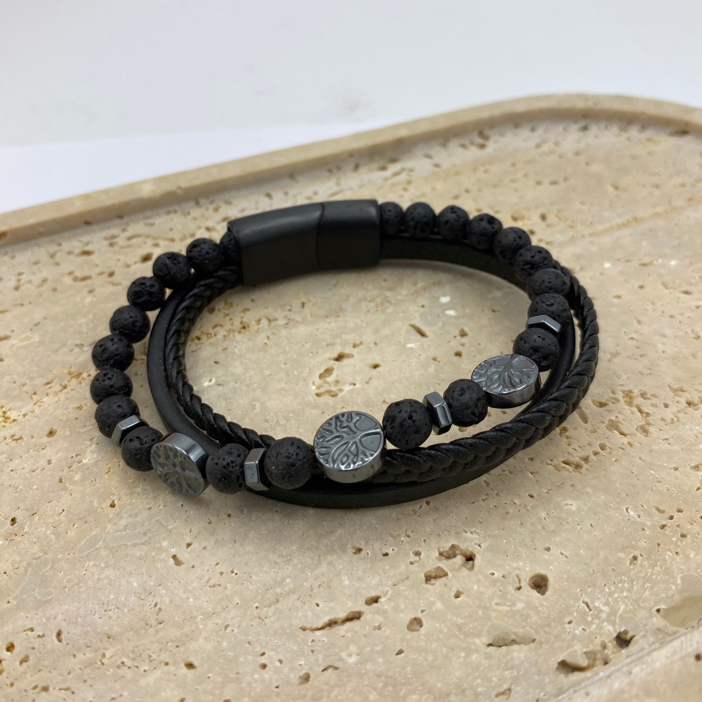 Pulseira Triplo Pulso, Pele com Pedras (Preta)