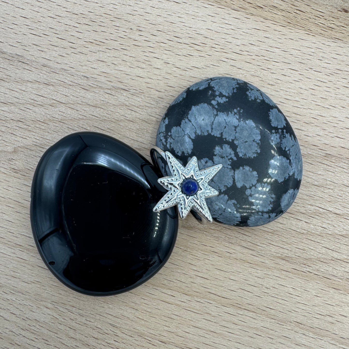 Anel Estrela Com Pedra Sodalite Azul Prateado Inox