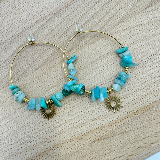 Brincos Argolas Com Pedra Cascalho Verde Clara (Tipo Amazonite)