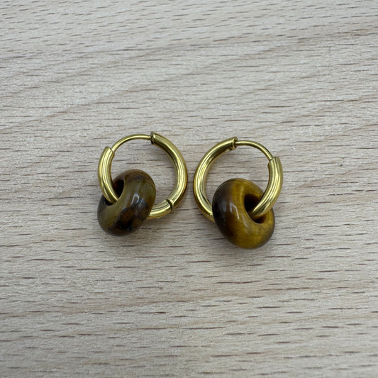 Brincos Argolas com Pedra Olho de Tigre Dourado
