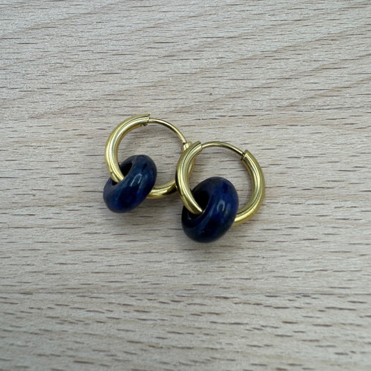 Brincos Argolas com Pedra Lapis Lazuli Dourado