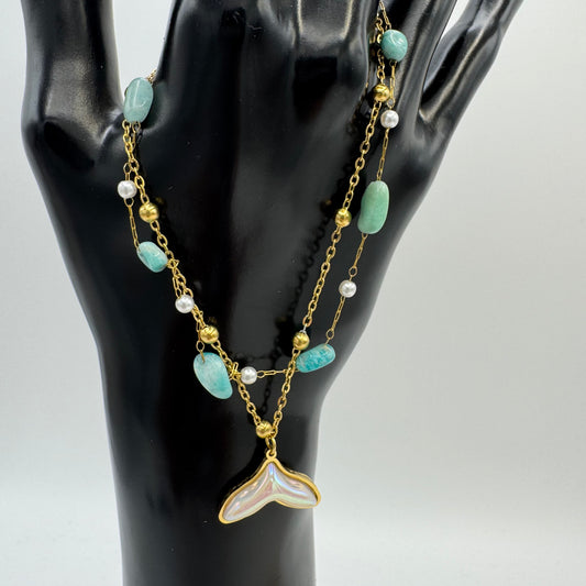 Pulseira Pé Pedra Verde e Rabo de Golfinho