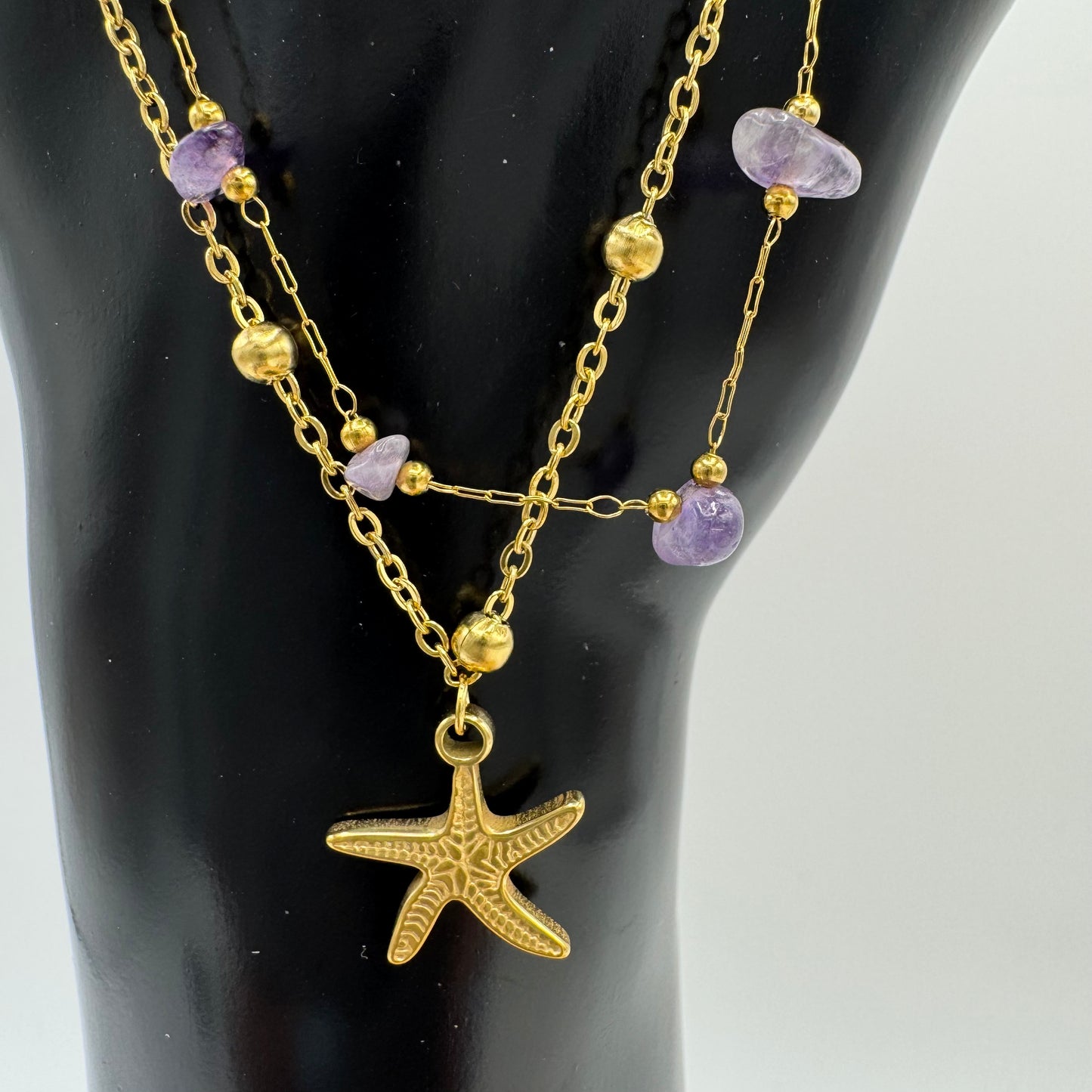 Pulseira Pé Pedra Ametista e Estrela do Mar