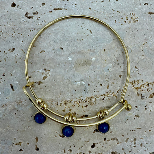 Pulseira Rigida Aço Dourado 3 Pedras Azuis