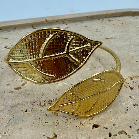Pulseira Rigida Dourada Aço com Molas Folhas