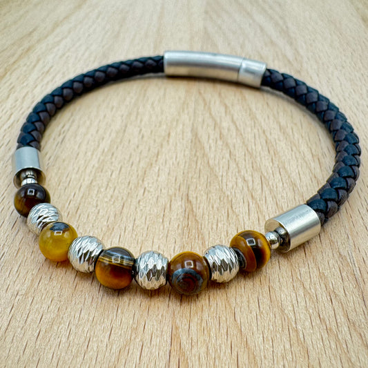 Pulseira Homem 5 Pedras Olho Tigre e Trança