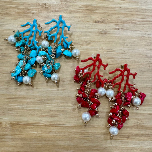 Brincos Inox, Algas e Pedras (VARIEDADES - Vermelho/Azul Turquesa)