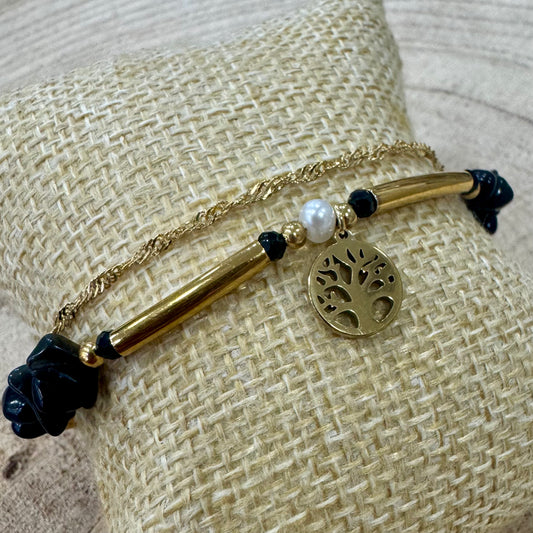 Pulseira Cascalho Preto com Árvore da Vida Dourado