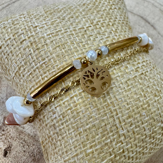 Pulseira Cascalho Branco com Árvore da Vida Dourado