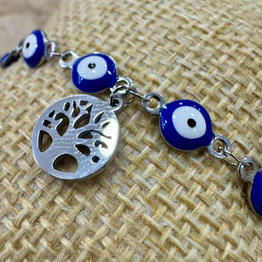 Pulseira Olhos Gregos com Árvore da Vida Prateado