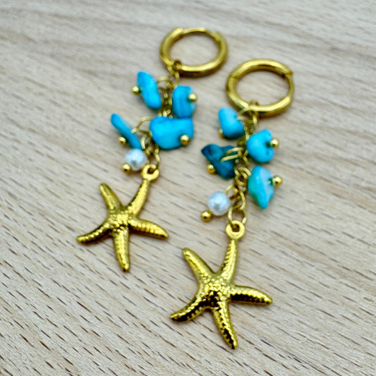 Brincos Dourado Argolas com Estrela do Mar e  Cascalho - Azul