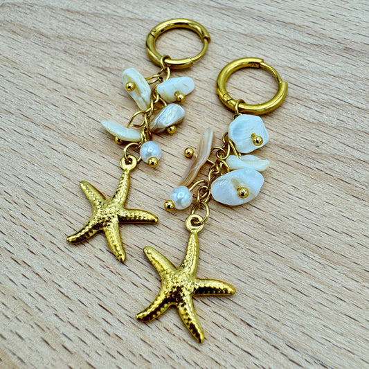 Brincos Dourado Argolas com Estrela do Mar e  Cascalho - Branco