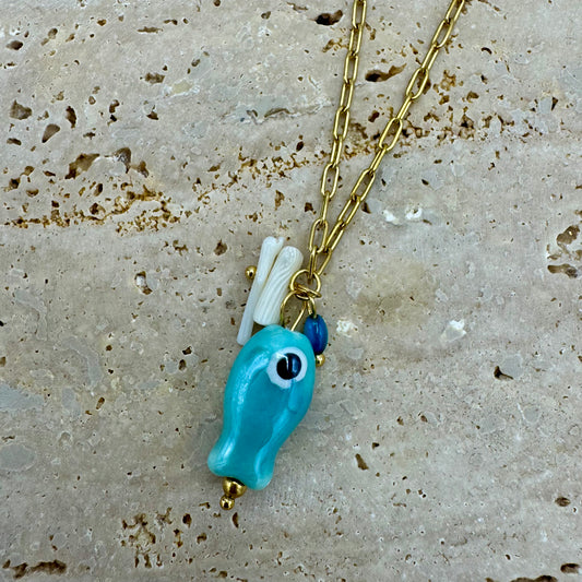 Fio Peixe Porcelana Dourado - Turquesa