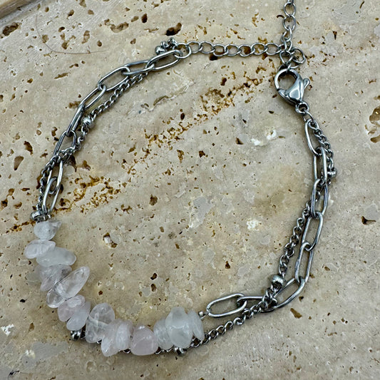 Pulseira Pedras Cascalho Quartzo Rosa e Inox Prateado