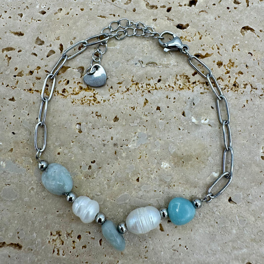Pulseira Pérolas e Amazonite Prateado
