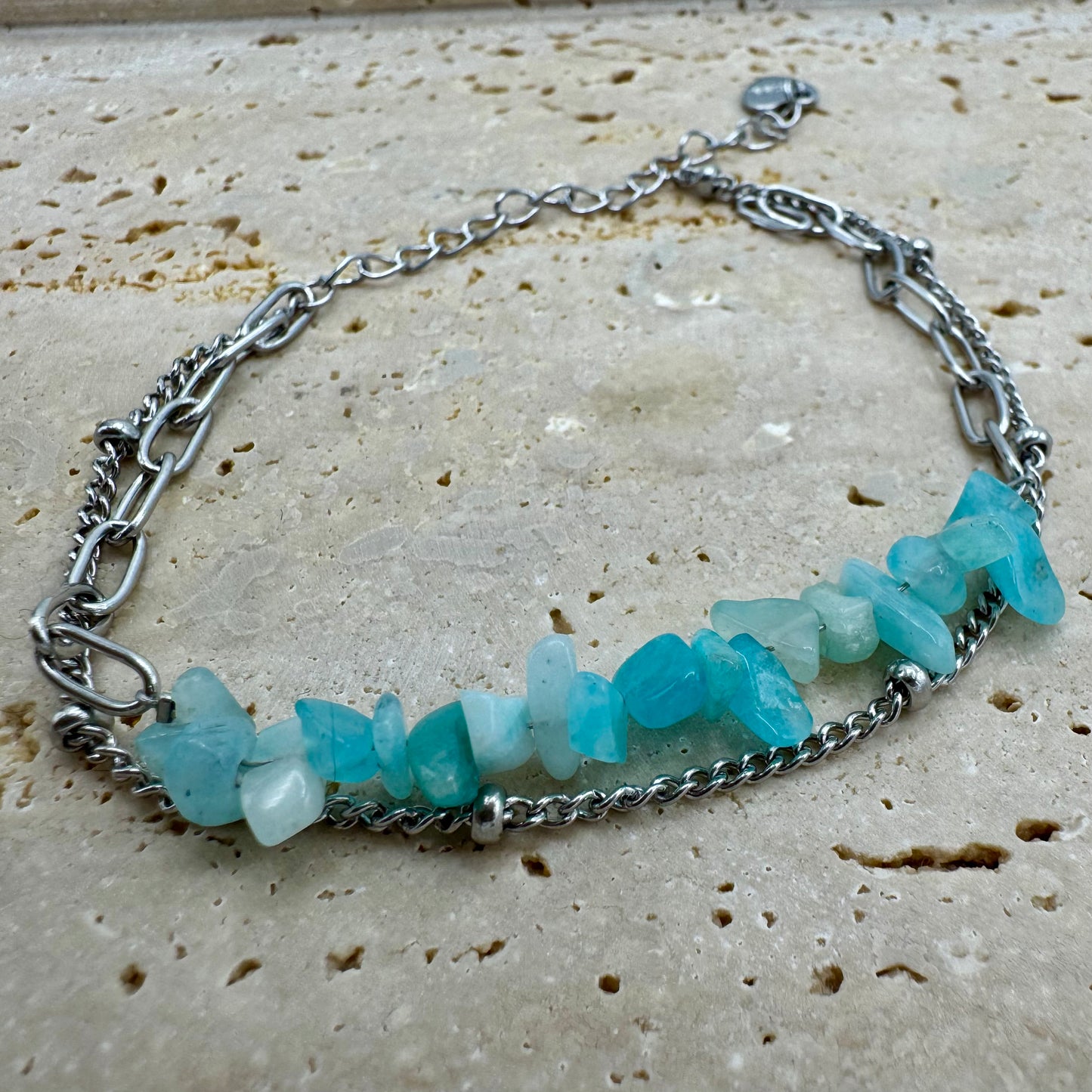 Pulseira Pedras Cascalho Amazonite e Inox Prateado