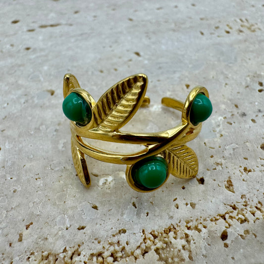 Anel Folhas e 3 Bolinhas Verde Dourado